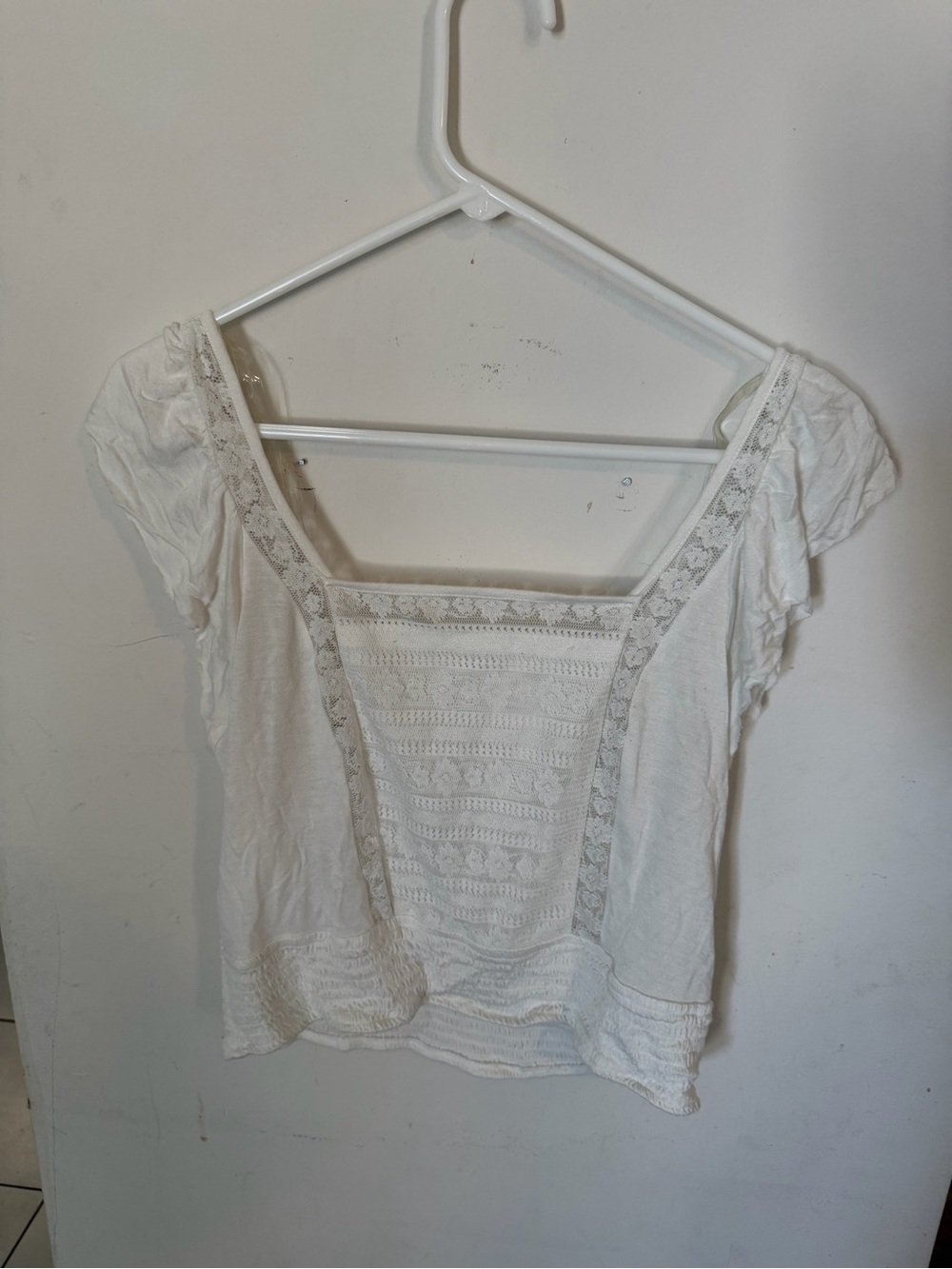 Arizona Jean Company White Crochet Panel Square Neck Smocked Top XL